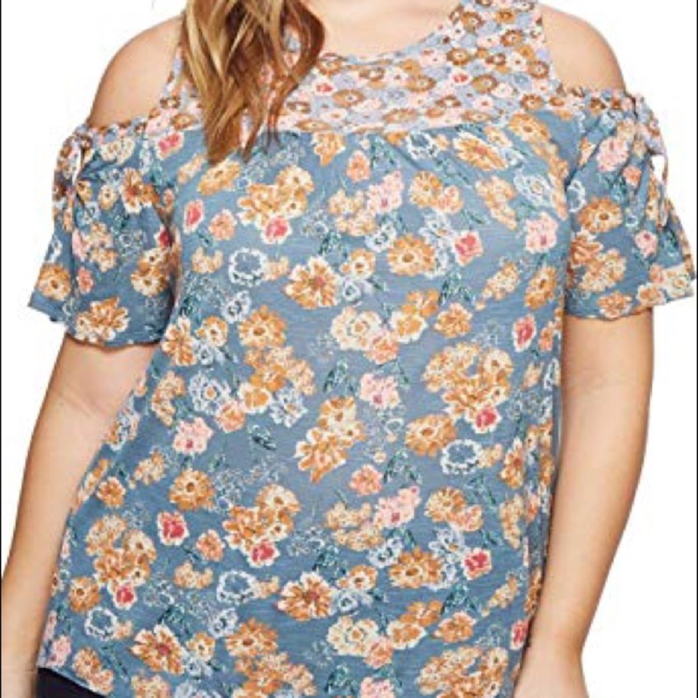Lucky Brand Floral Print Cold Shoulder Tie Top